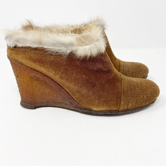 APEPAZZA | Brown Suede Wedge Mules Fur Trim 8.5 - Picture 2 of 14